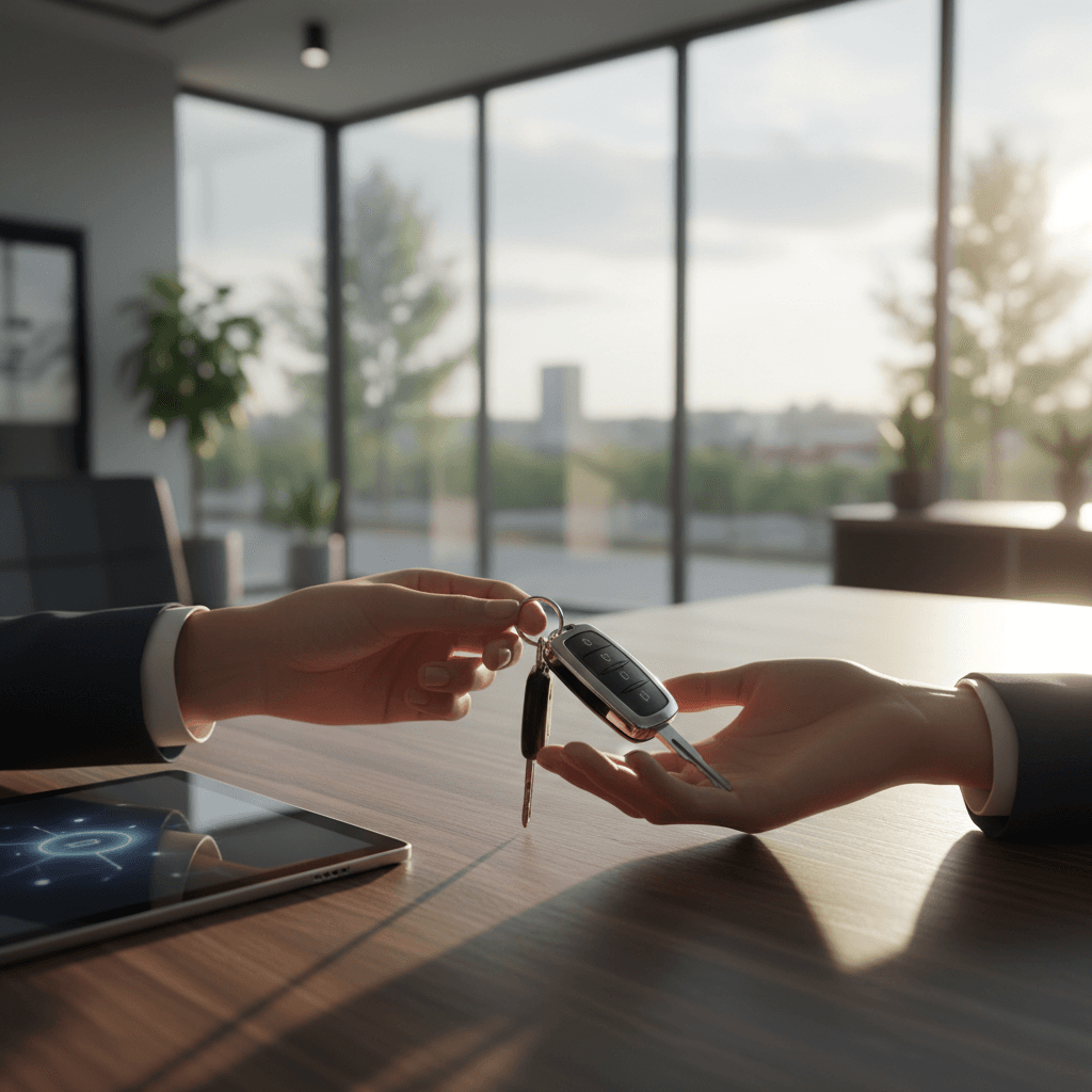 Concierge handing a folder to a smiling client in a bright modern lobby