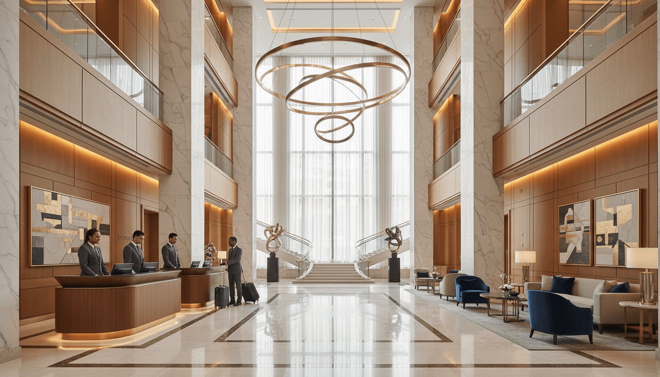 Assistant handing car keys to a client in a modern hotel lobby